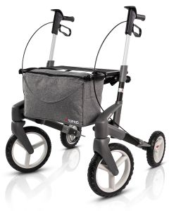 Image of the TOPRO Olympos ATR rullator with off-road wheels, black coloured in size medium. Viewed obliquely from the front.